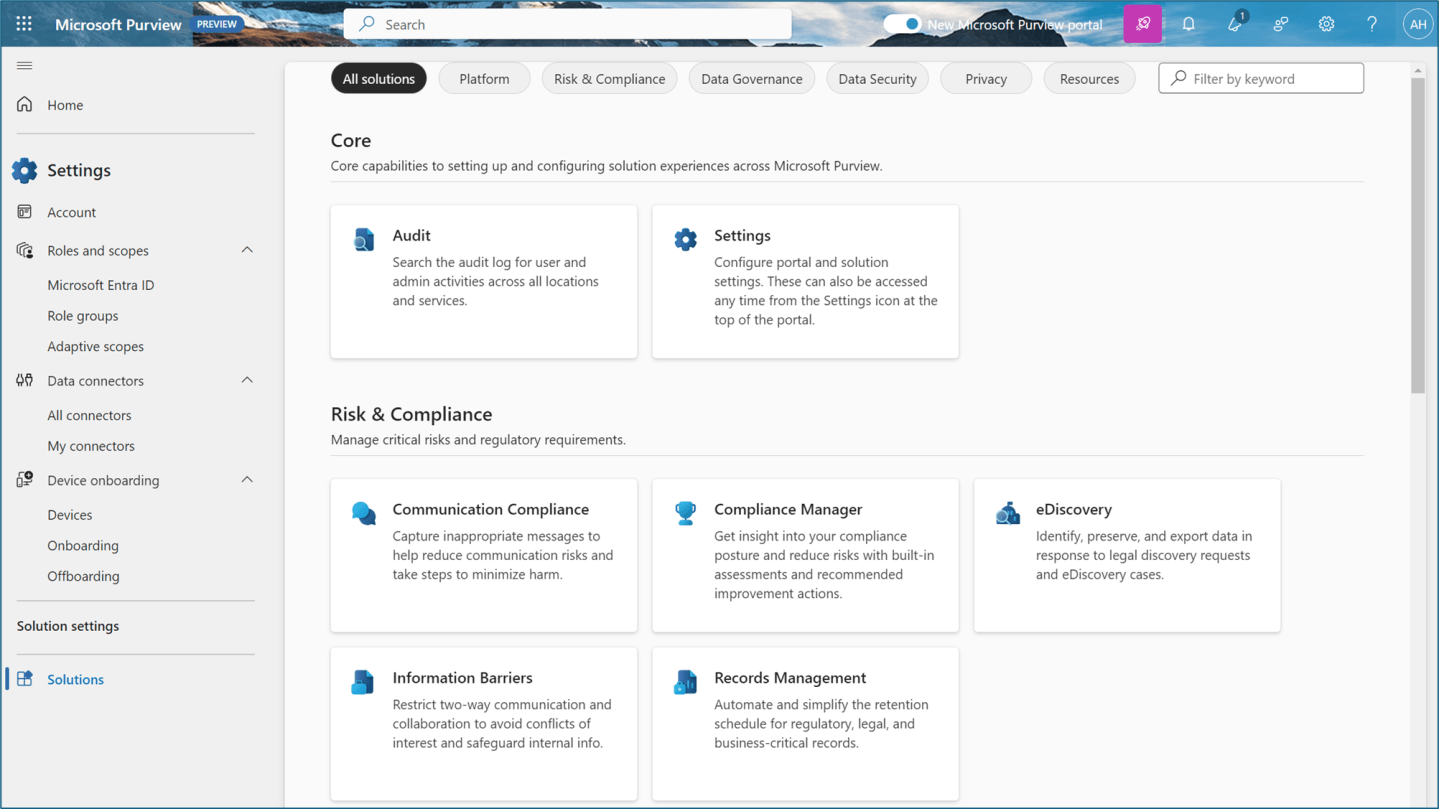 Microsoft Purview integrated portal Information security and compliance